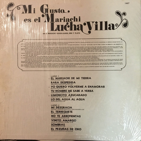 Lucha Villa : Mi Gusto Es El Mariachi (LP, Album)