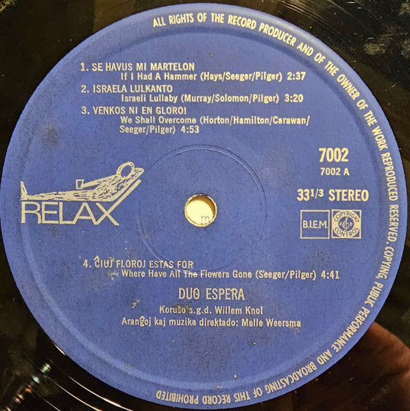 Duo Espera : Jen Nia Mondo (Kantas Dylan Kaj Seeger) (LP, Album)