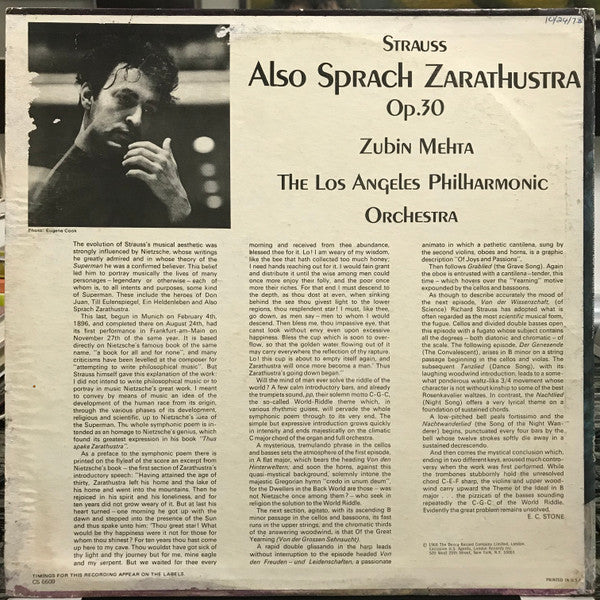 Richard Strauss, Los Angeles Philharmonic Orchestra, Zubin Mehta : Also Sprach Zarathustra (LP, Album)