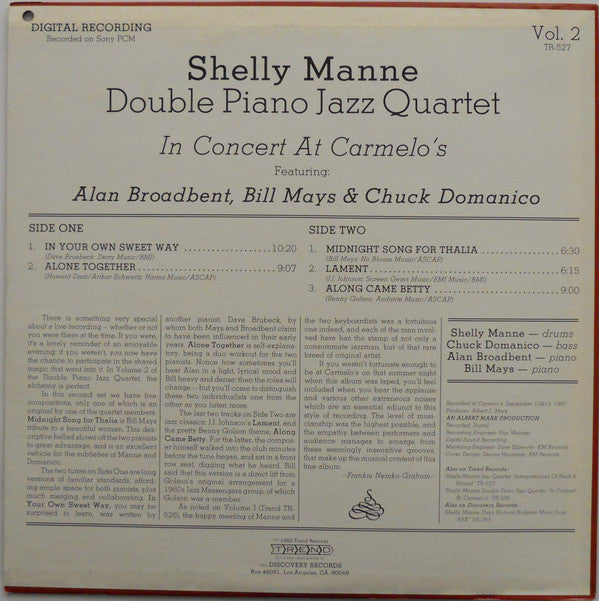 Shelly Manne : Double Piano Jazz Quartet In Concert At Carmelo's (Vol.2) (LP, Album)