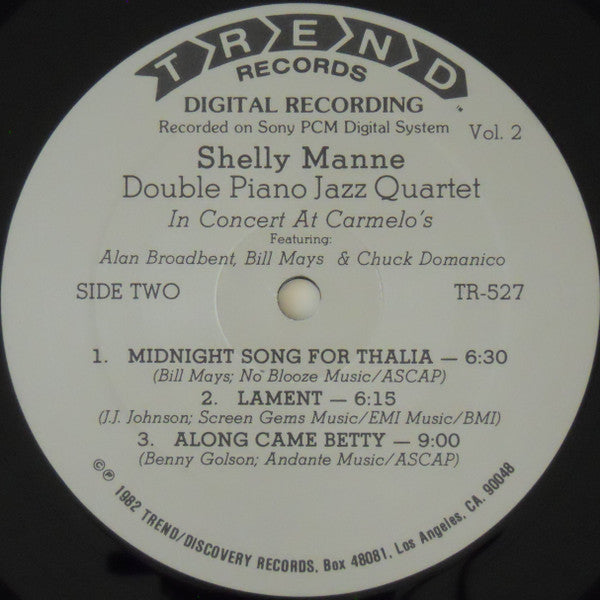 Shelly Manne : Double Piano Jazz Quartet In Concert At Carmelo's (Vol.2) (LP, Album)