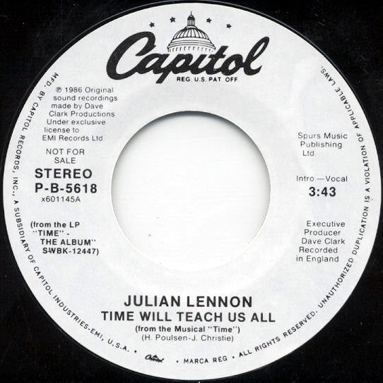 Julian Lennon : Time Will Teach Us All (7", Single, Promo)