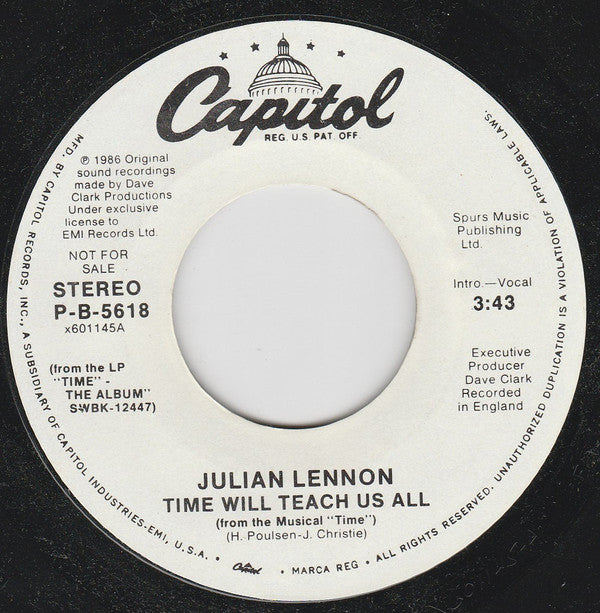 Julian Lennon : Time Will Teach Us All (7", Single, Promo)