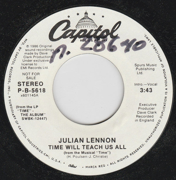 Julian Lennon : Time Will Teach Us All (7", Single, Promo)