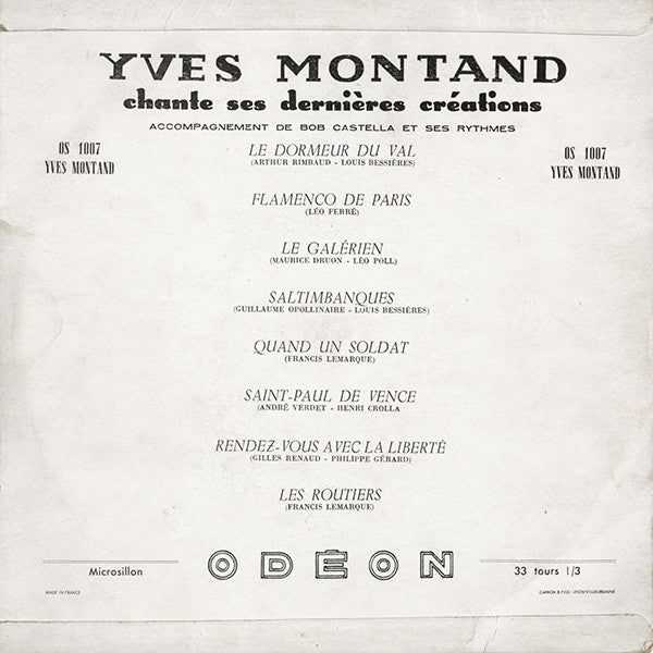 Yves Montand : Chante Ses Dernières Créations (10", Album, Mono)