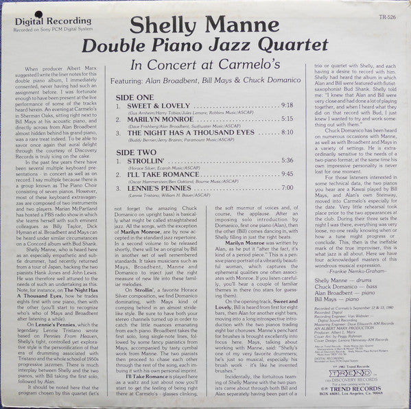 Shelly Manne : Double Piano Jazz Quartet In Concert At Carmelo's (LP, Album)