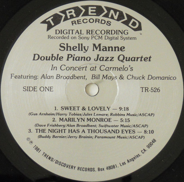 Shelly Manne : Double Piano Jazz Quartet In Concert At Carmelo's (LP, Album)