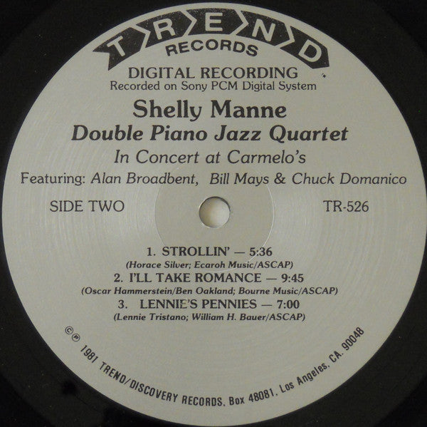 Shelly Manne : Double Piano Jazz Quartet In Concert At Carmelo's (LP, Album)