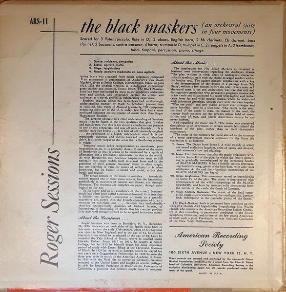 Roger Sessions : The Black Maskers (An Orchestral Suite In Four Movements) (10", Mono)