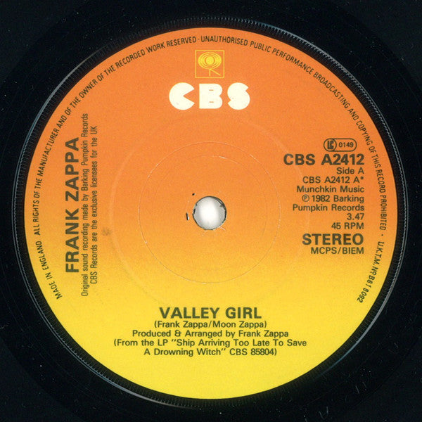 Frank Zappa : Valley Girl (7", Single, Sol)