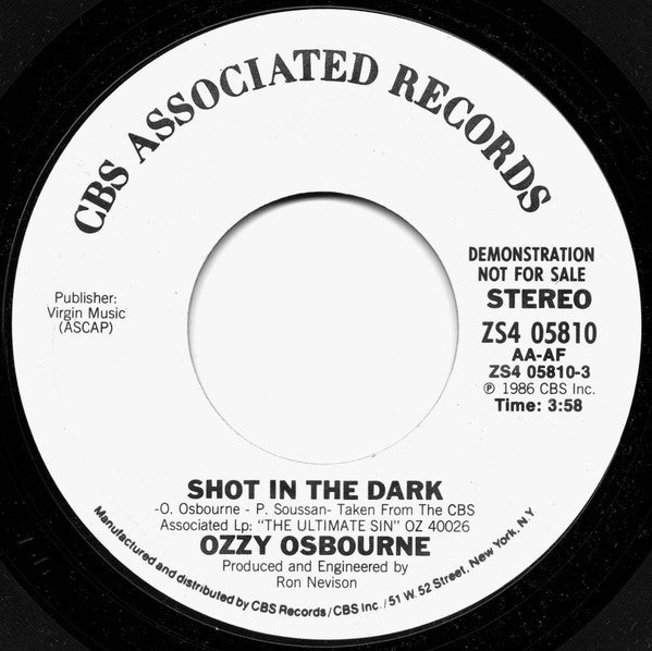 Ozzy Osbourne : Shot In The Dark (7", Single, Promo)