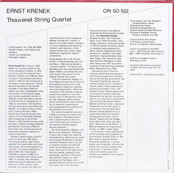 Ernst Krenek, Thouvenel String Quartet : String Quartet No. 5 (LP, Album)