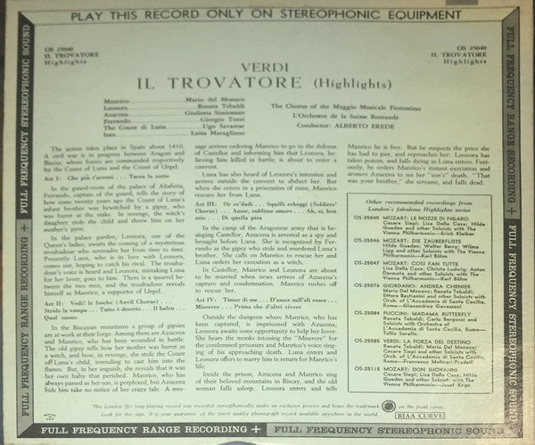 Verdi* / Mario Del Monaco, Renata Tebaldi, Giulietta Simionato, Giorgio Tozzi : Il Trovatore: Highlights (LP)