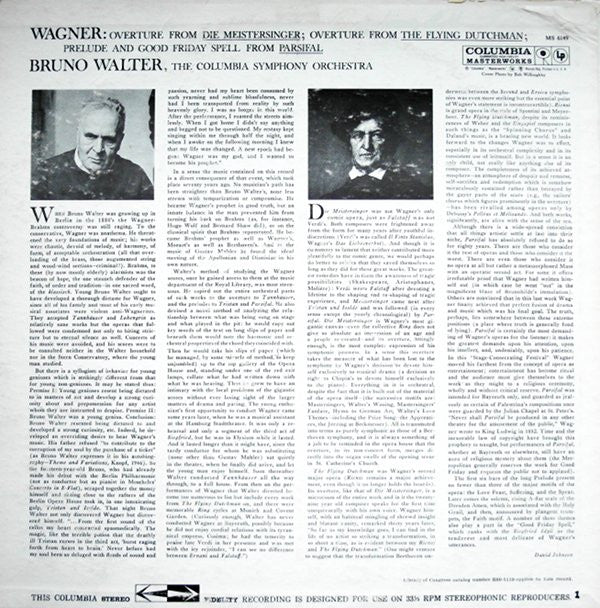 Wagner* - Bruno Walter, The Columbia Symphony Orchestra* : Die Meistersinger Overture / The Flying Dutchman Overture / Prelude And Good Friday Spell From "Parsifal" (LP)