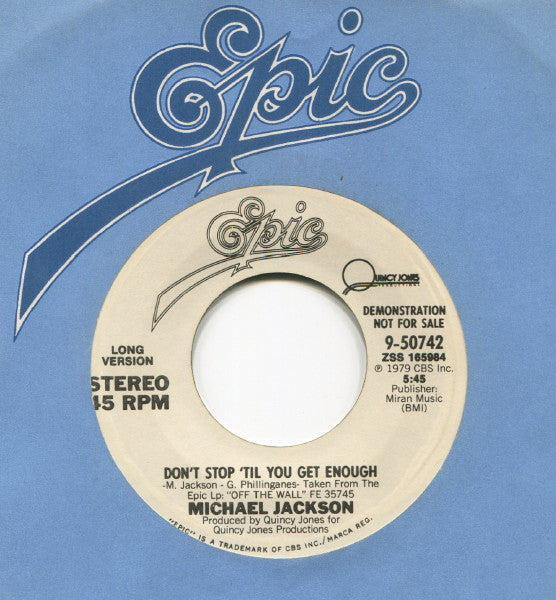 Michael Jackson : Don't Stop 'Til You Get Enough (7", Single, Promo, Ter)