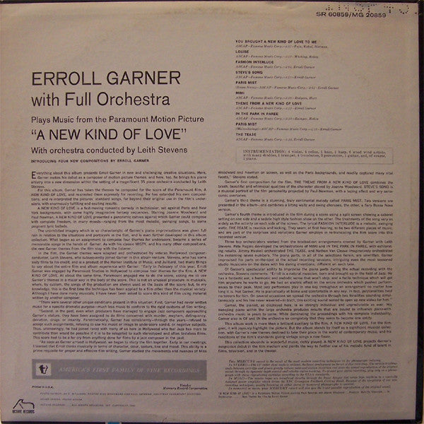 Erroll Garner With Full Orchestra Conducted By Leith Stevens : Playing Music From The Paramount Motion Picture "A New Kind Of Love" (LP, Album, Mono)