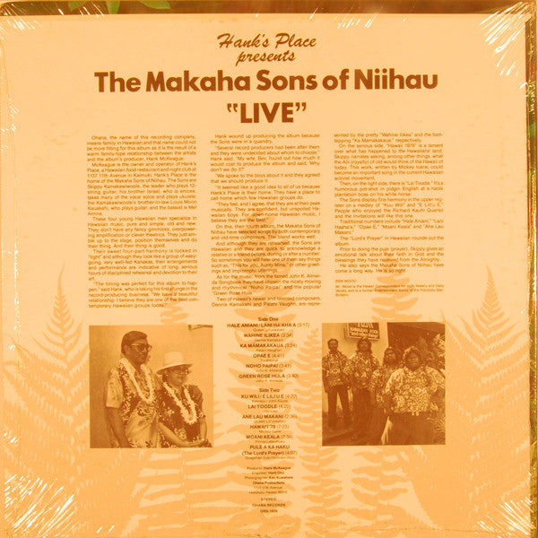 The Makaha Sons Of Ni'ihau : Hank's Place Presents The Makaha Sons Of Niihau "Live" (LP, Album)