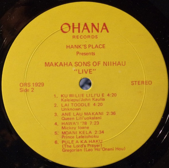 The Makaha Sons Of Ni'ihau : Hank's Place Presents The Makaha Sons Of Niihau "Live" (LP, Album)