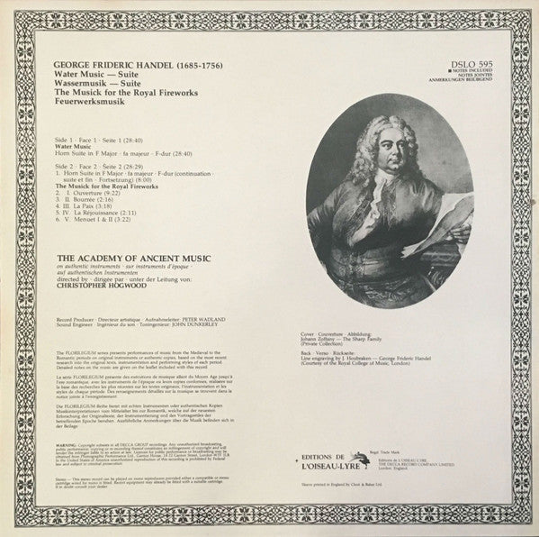 Georg Friedrich Händel, The Academy Of Ancient Music, Christopher Hogwood : Water Music - Suite / The Musick For The Royal Fireworks (LP)