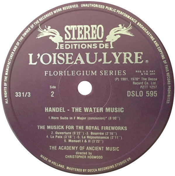 Georg Friedrich Händel, The Academy Of Ancient Music, Christopher Hogwood : Water Music - Suite / The Musick For The Royal Fireworks (LP)