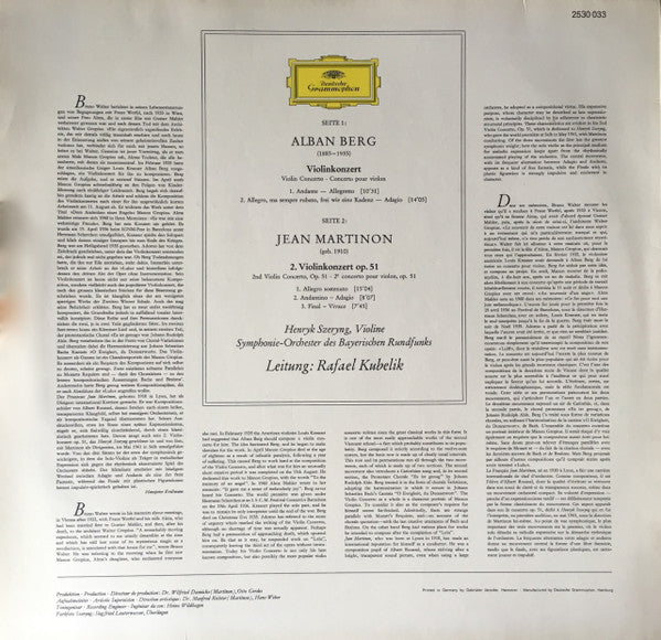 Alban Berg / Jean Martinon, Henryk Szeryng, Symphonie-Orchester Des Bayerischen Rundfunks • Rafael Kubelik : Violinkonzert / Violinkonzert Nr.2 (LP)