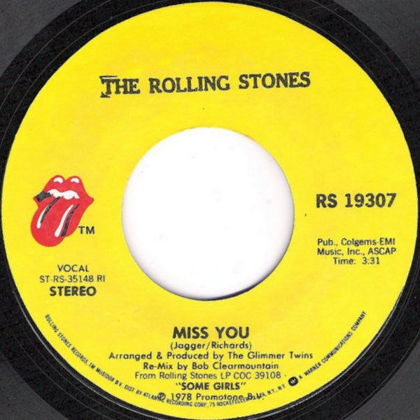 The Rolling Stones : Miss You (7", Single, Styrene, PRC)