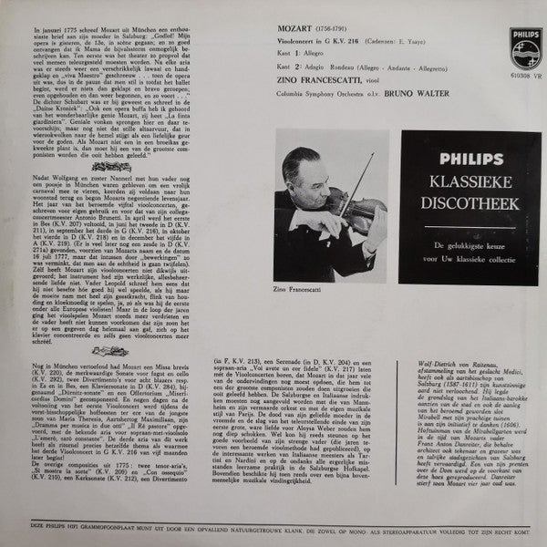 Bruno Walter, Zino Francescatti, Columbia Symphony Orchestra, Wolfgang Amadeus Mozart : Vioolconcert KV 216 (10")
