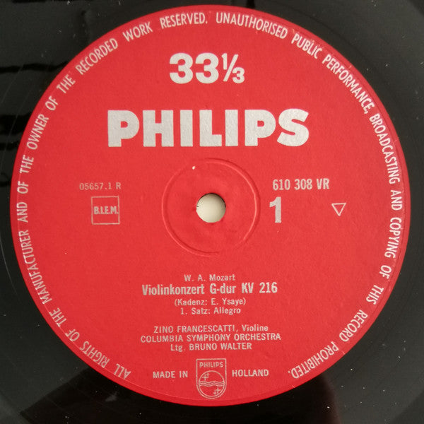 Bruno Walter, Zino Francescatti, Columbia Symphony Orchestra, Wolfgang Amadeus Mozart : Vioolconcert KV 216 (10")