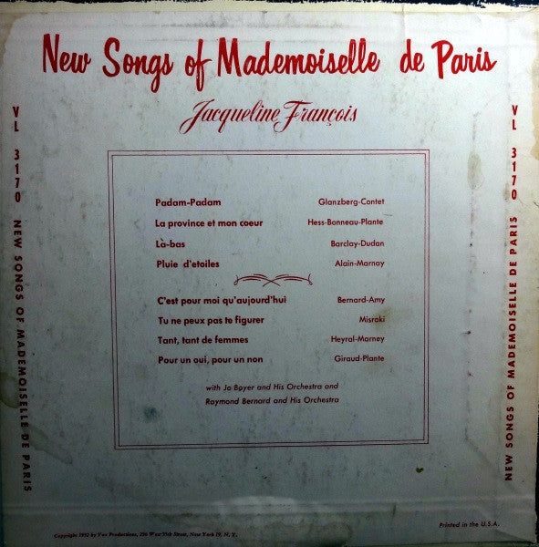 Jacqueline François : New Songs Of Mademoiselle De Paris (10")