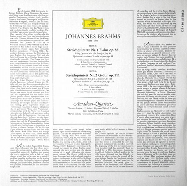Johannes Brahms ‧ Amadeus-Quartett ‧ Cecil Aronowitz : Streichquintette Nr. 1 F-dur Und Nr. 2 G-dur (LP)