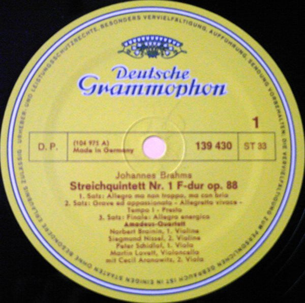 Johannes Brahms ‧ Amadeus-Quartett ‧ Cecil Aronowitz : Streichquintette Nr. 1 F-dur Und Nr. 2 G-dur (LP)