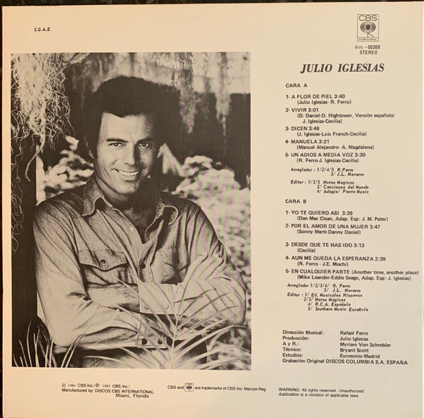 Julio Iglesias : A Flor De Piel (LP, Album)