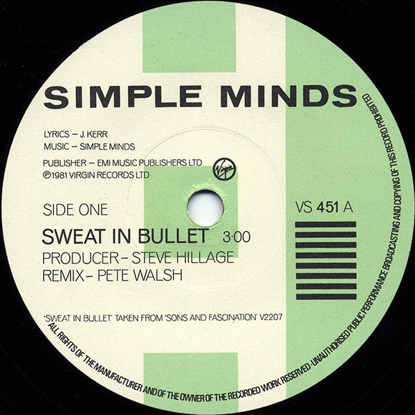 Simple Minds : Sweat In Bullet (2x7", Single)