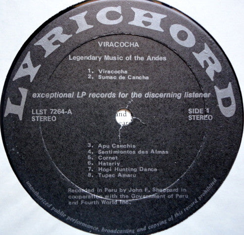Various : Viracocha - Legendary Music Of The Andes (LP, Album)