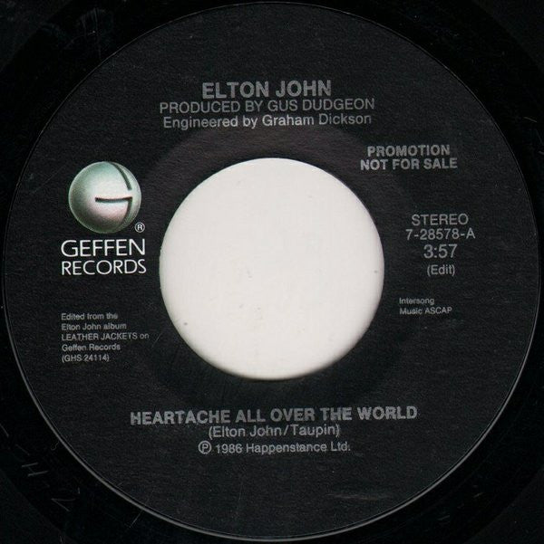 Elton John : Heartache All Over The World (7", Single, Promo)