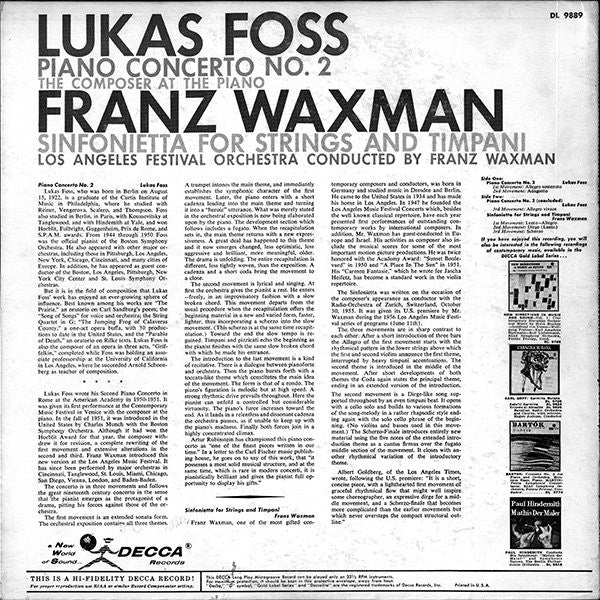 Lukas Foss, Franz Waxman, Los Angeles Festival Symphony Orchestra : Piano Concerto No.2 / Sinfonietta For Strings And Timpani (LP, Mono)