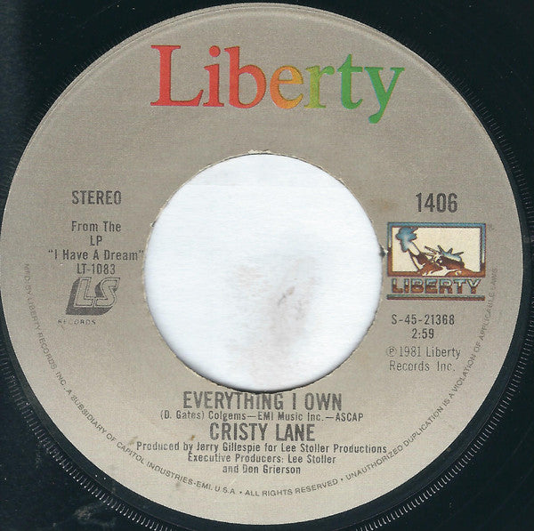 Cristy Lane : Everything I Own / Love To Love You (7", Jac)