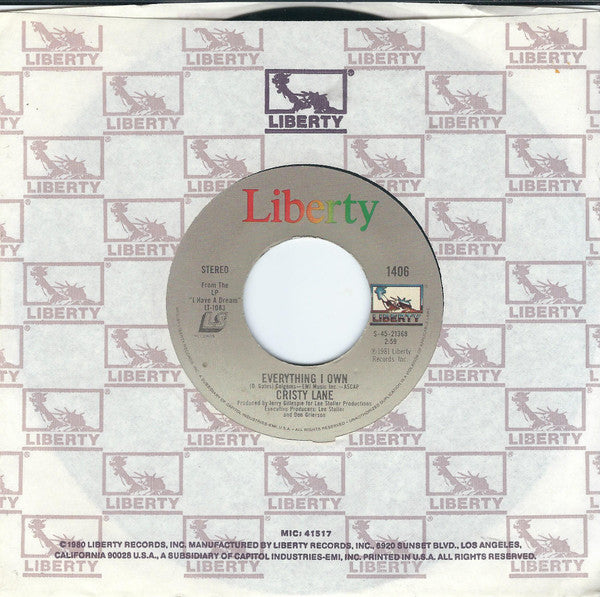 Cristy Lane : Everything I Own / Love To Love You (7", Jac)