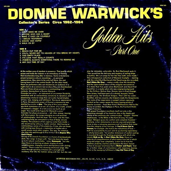 Dionne Warwick : Dionne Warwick's Golden Hits - Part One (LP, Comp)