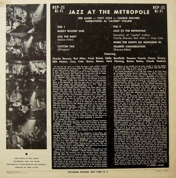 Red Allen* – Cozy Cole – Charlie Shavers : Jazz At The Metropole Cafe (Volume 1) (LP, Album, Mono)
