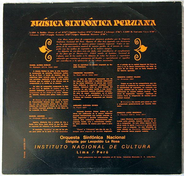 Orquesta Sinfónica Nacional Del Perú : Música Sinfónica Peruana (LP, Album)