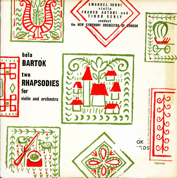 Béla Bartók - Emanuel Vardi, The New Symphony Orchestra Of London, Franco Autori, Tibor Serly : Two Rhapsodies For Violin And Orchestra (10")