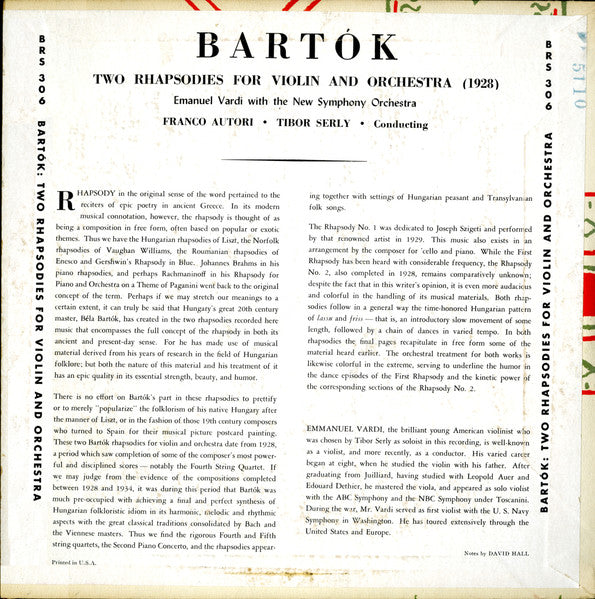 Béla Bartók - Emanuel Vardi, The New Symphony Orchestra Of London, Franco Autori, Tibor Serly : Two Rhapsodies For Violin And Orchestra (10")