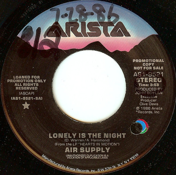 Air Supply : Lonely Is The Night (7", Promo)