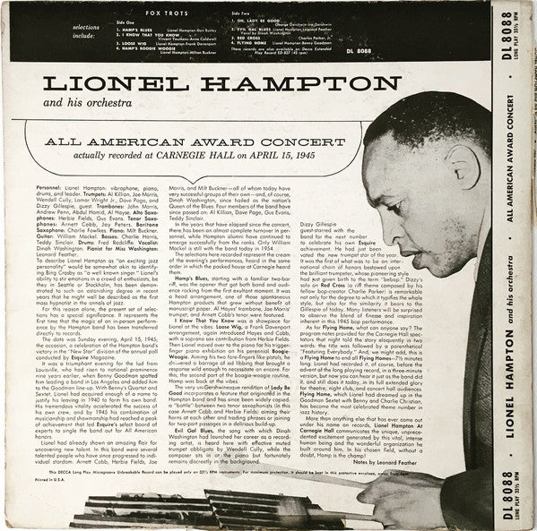 Lionel Hampton And His Orchestra : All American Award Concert (LP, Album, Mono)