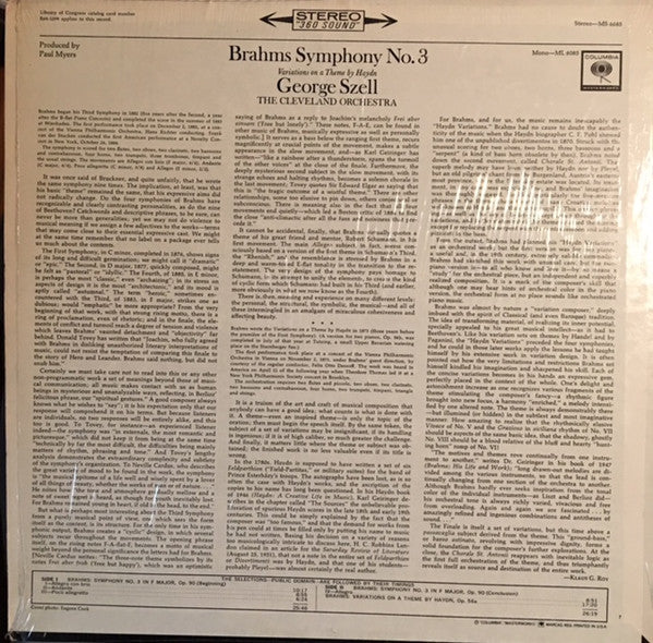 Brahms* - George Szell, The Cleveland Orchestra : Symphony No. 3 / Variations On A Theme By Haydn (LP)