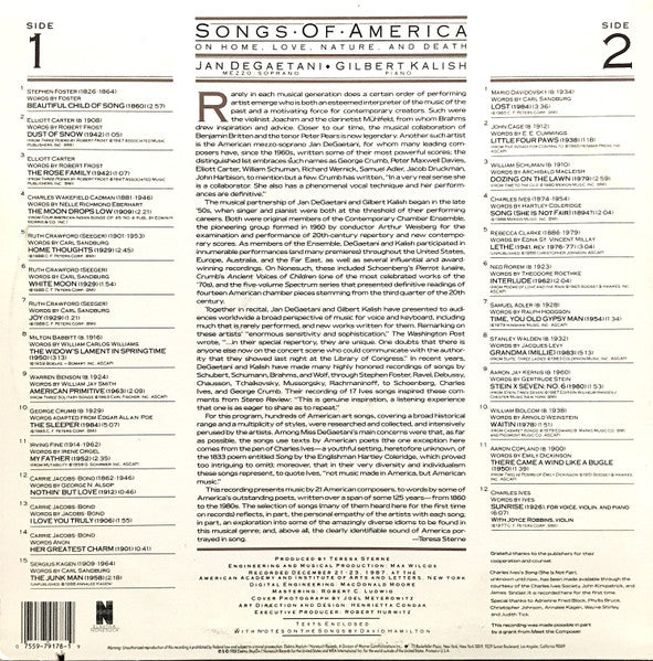 Jan DeGaetani ; Gilbert Kalish : Songs Of America: On Home, Love, Nature, And Death (LP, Album)
