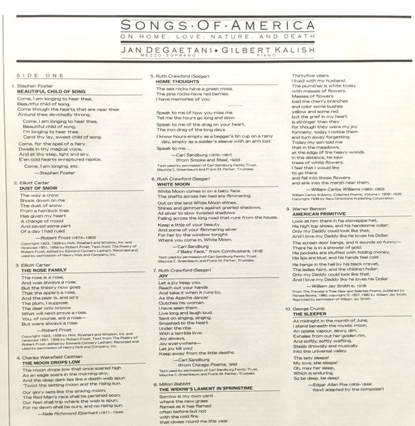 Jan DeGaetani ; Gilbert Kalish : Songs Of America: On Home, Love, Nature, And Death (LP, Album)
