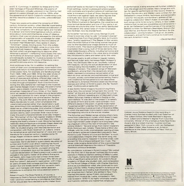 Jan DeGaetani ; Gilbert Kalish : Songs Of America: On Home, Love, Nature, And Death (LP, Album)