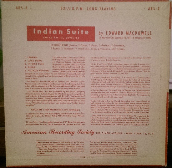 Edward MacDowell, American Recording Society Orchestra, Dean Dixon (2) : Indian Suite Opus 48 (10", Album, Mono)